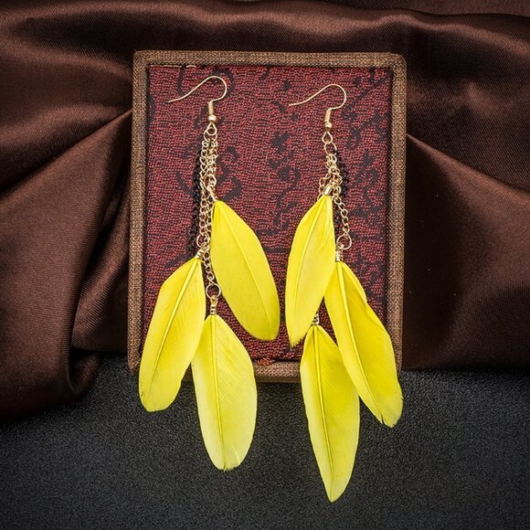 Jewelry earrings feather yellow statement long dangle drop gold tone fashion new - Picture 5 of 5